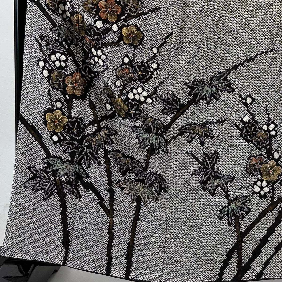 Homongi Silk Kimono Black Awase with Plum Branch Bamboo Shibori Gold Leaf M