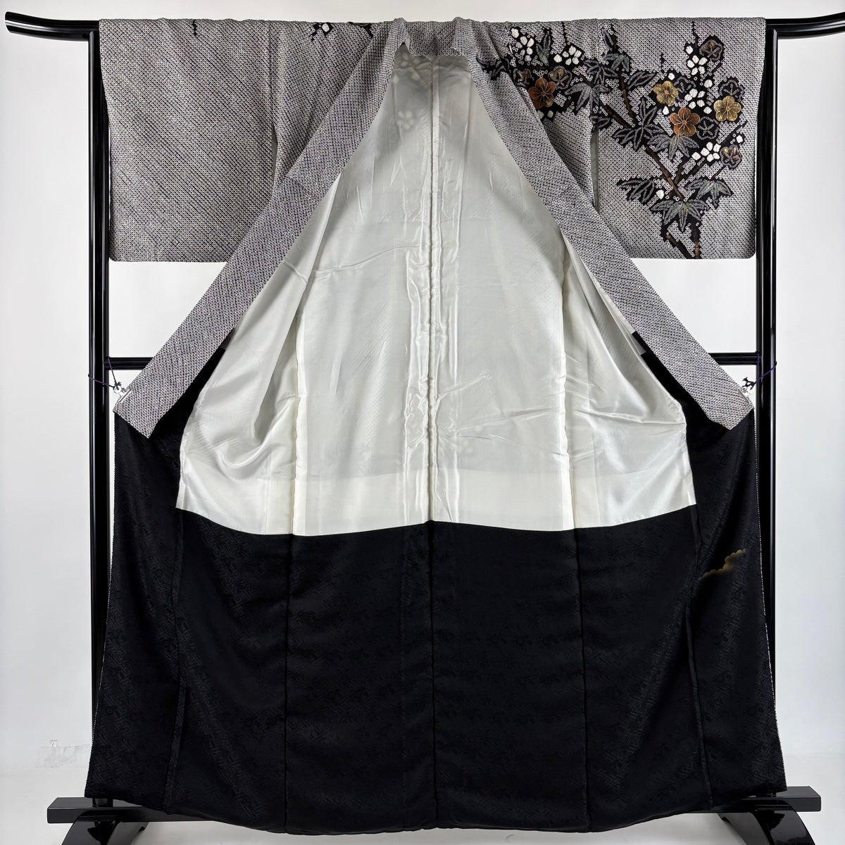Homongi Silk Kimono Black Awase with Plum Branch Bamboo Shibori Gold Leaf M