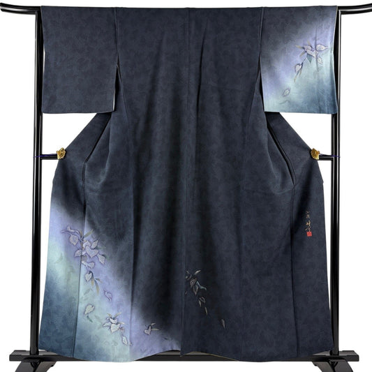 Tange Yusuke Silk Houmongi Fukuro-Sage Kimono, Leaf Motif, Awase, Size M