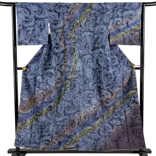Homongi Kimono Silk Awase Paisley Floral Shibori Bokashi Navy Blue Size S