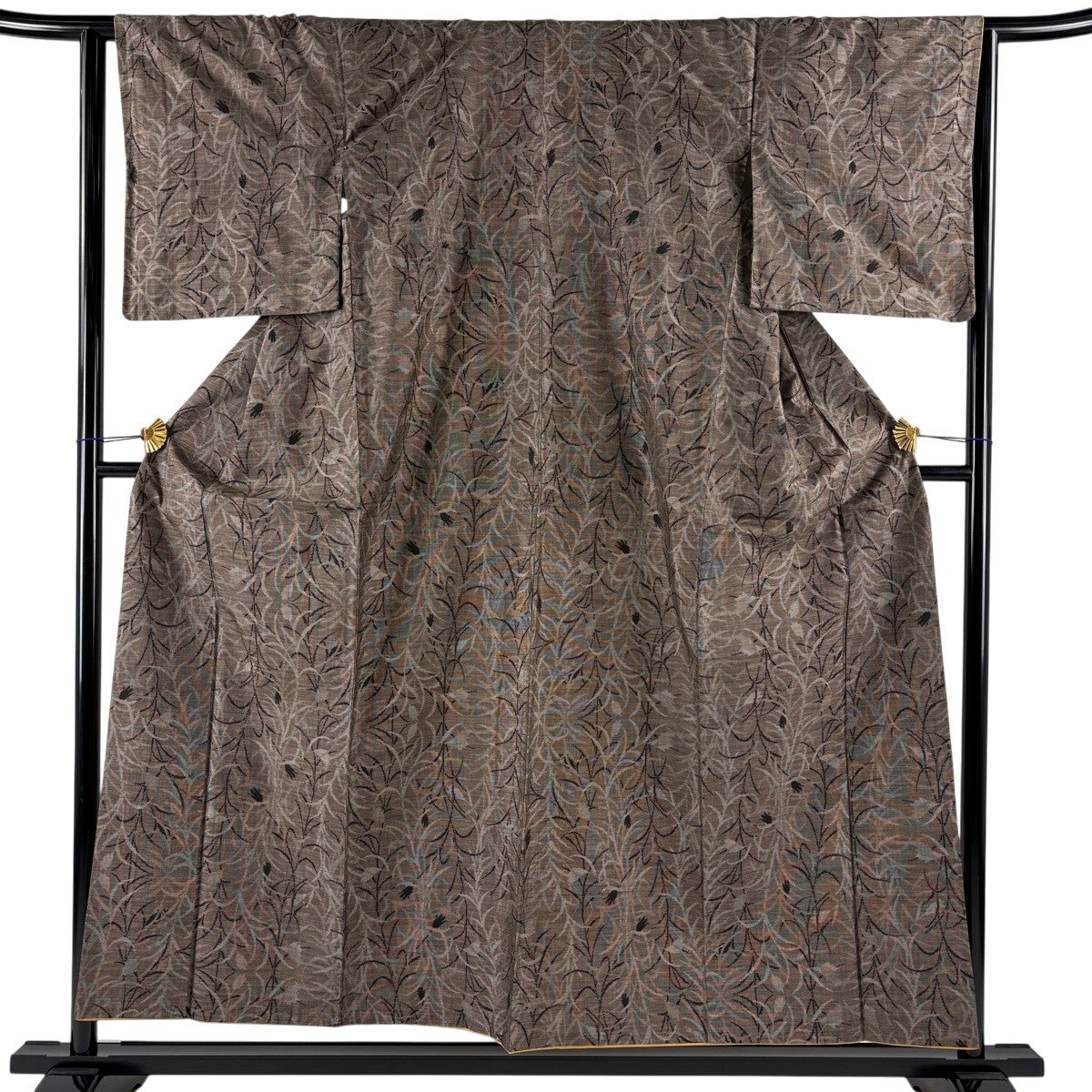Oshima Tsumugi Silk Kimono by Tokiemon, Awase Lined, Dark Brown Floral, Size M