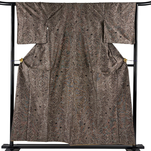 Oshima Tsumugi Silk Kimono by Tokiemon, Awase Lined, Dark Brown Floral, Size M