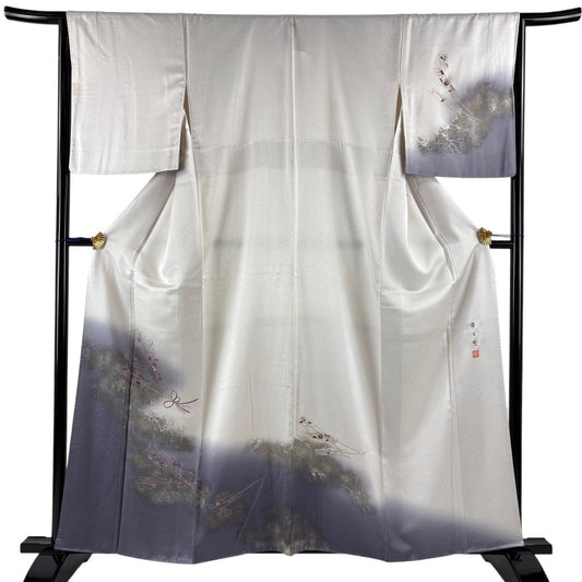 Homongi Silk Kimono Tyrian Purple with Fan Floral Embroidery Gold Leaf, One Crest, Size M
