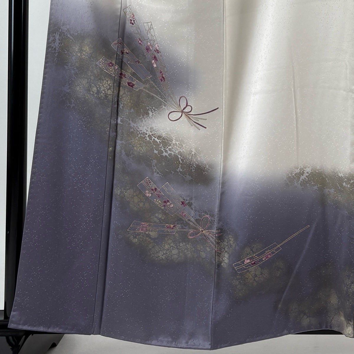 Homongi Silk Kimono Tyrian Purple with Fan Floral Embroidery Gold Leaf, One Crest, Size M