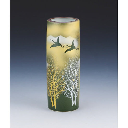 Kutani-yaki Porcelain Cylindrical Vase Gold Leaf Trees Mountains and Cranes