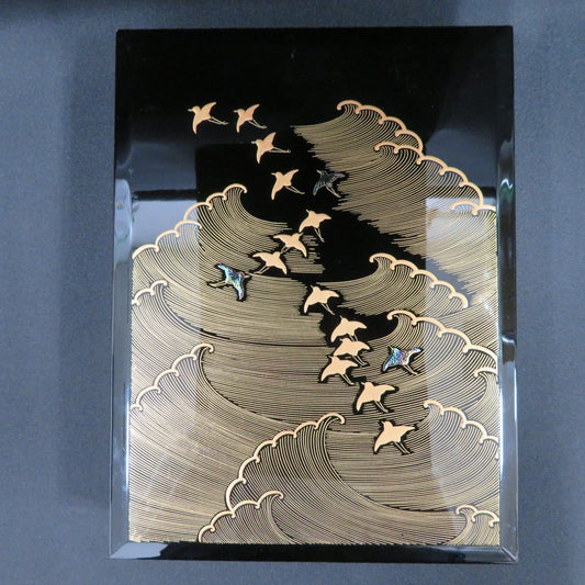 Japanese Lacquerware Tray with Real Gold Maki-e Plovers over Waves Design