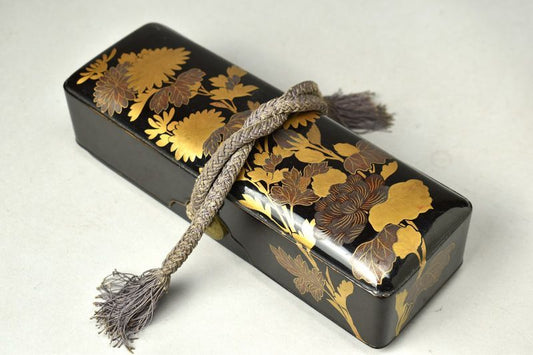 Antique Japanese Maki-e Lacquer Document Box with Floral Design and Nashiji Interior
