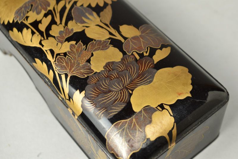 Antique Japanese Maki-e Lacquer Document Box with Floral Design and Nashiji Interior