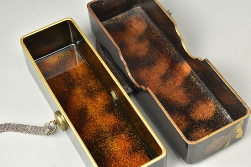 Antique Japanese Maki-e Lacquer Document Box with Floral Design and Nashiji Interior