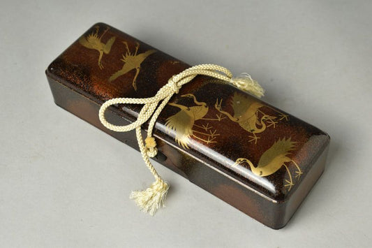 Antont Antique Maki-e Lacquer Letter Box with Cranes and Nashiji Ground