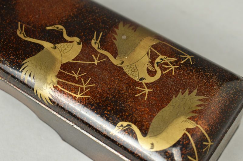 Antont Antique Maki-e Lacquer Letter Box with Cranes and Nashiji Ground