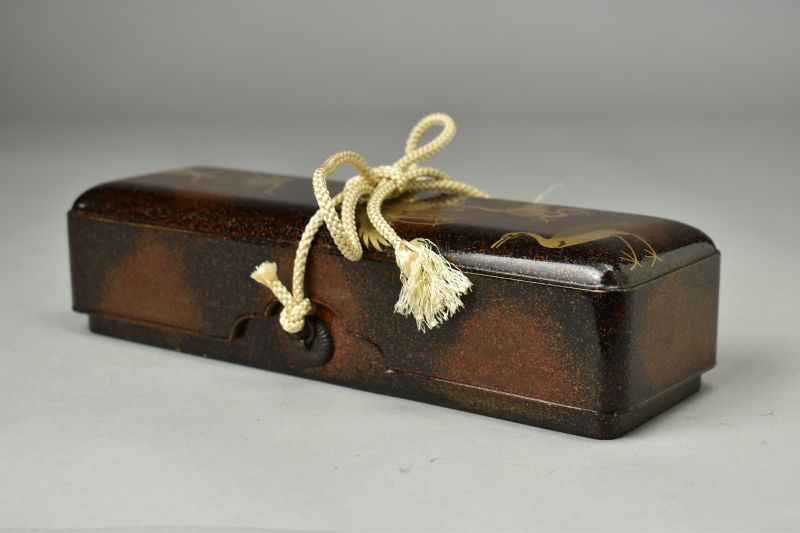 Antont Antique Maki-e Lacquer Letter Box with Cranes and Nashiji Ground