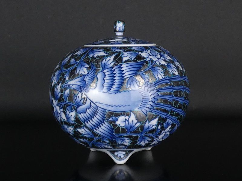 Fujii Shumei Incense Burner Koro Peony Phoenix Platinum Glaze with Tomobako