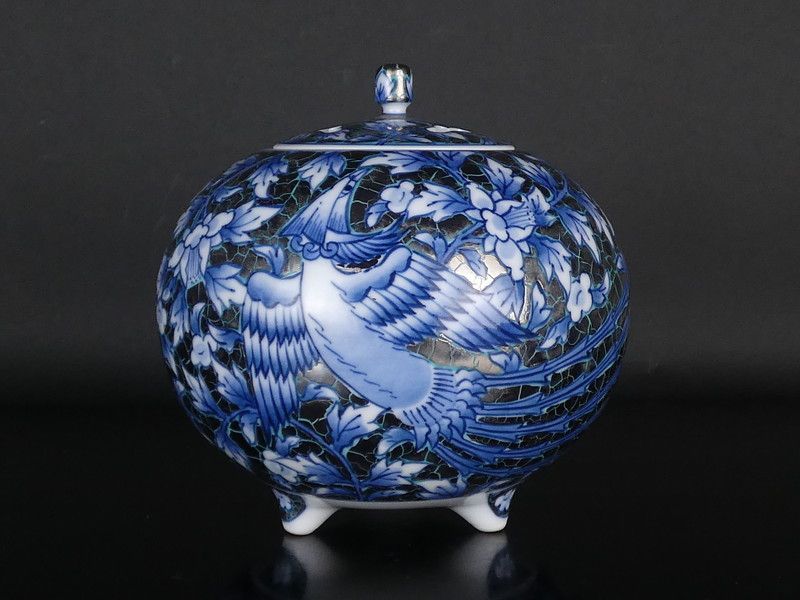 Fujii Shumei Incense Burner Koro Peony Phoenix Platinum Glaze with Tomobako