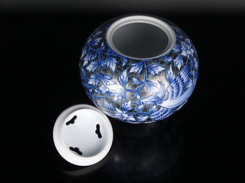 Fujii Shumei Incense Burner Koro Peony Phoenix Platinum Glaze with Tomobako