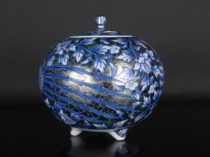 Fujii Shumei Incense Burner Koro Peony Phoenix Platinum Glaze with Tomobako