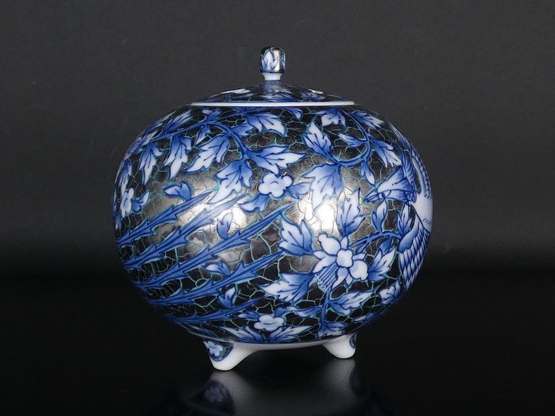 Fujii Shumei Incense Burner Koro Peony Phoenix Platinum Glaze with Tomobako