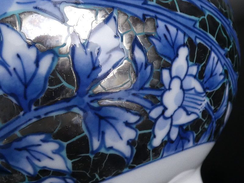 Fujii Shumei Incense Burner Koro Peony Phoenix Platinum Glaze with Tomobako