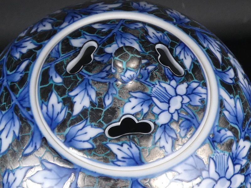 Fujii Shumei Incense Burner Koro Peony Phoenix Platinum Glaze with Tomobako
