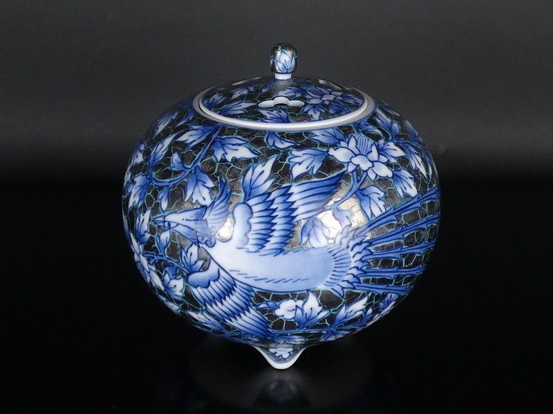 Fujii Shumei Incense Burner Koro Peony Phoenix Platinum Glaze with Tomobako