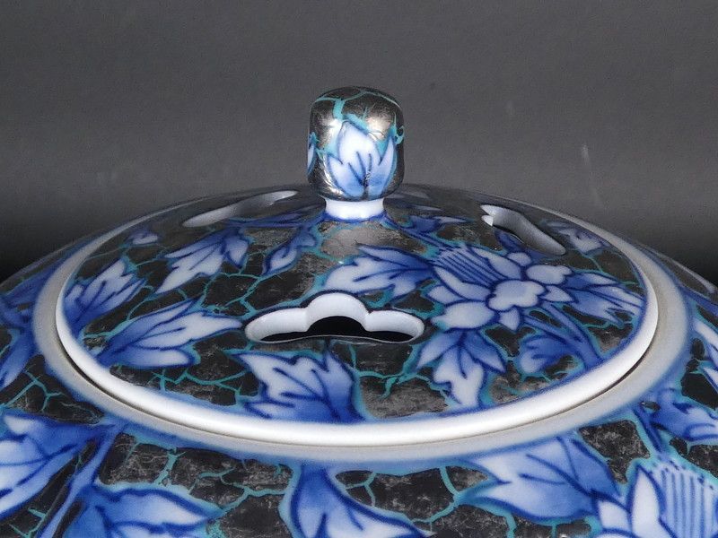 Fujii Shumei Incense Burner Koro Peony Phoenix Platinum Glaze with Tomobako