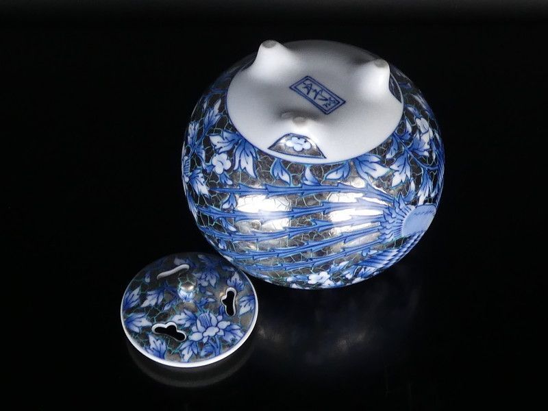 Fujii Shumei Incense Burner Koro Peony Phoenix Platinum Glaze with Tomobako