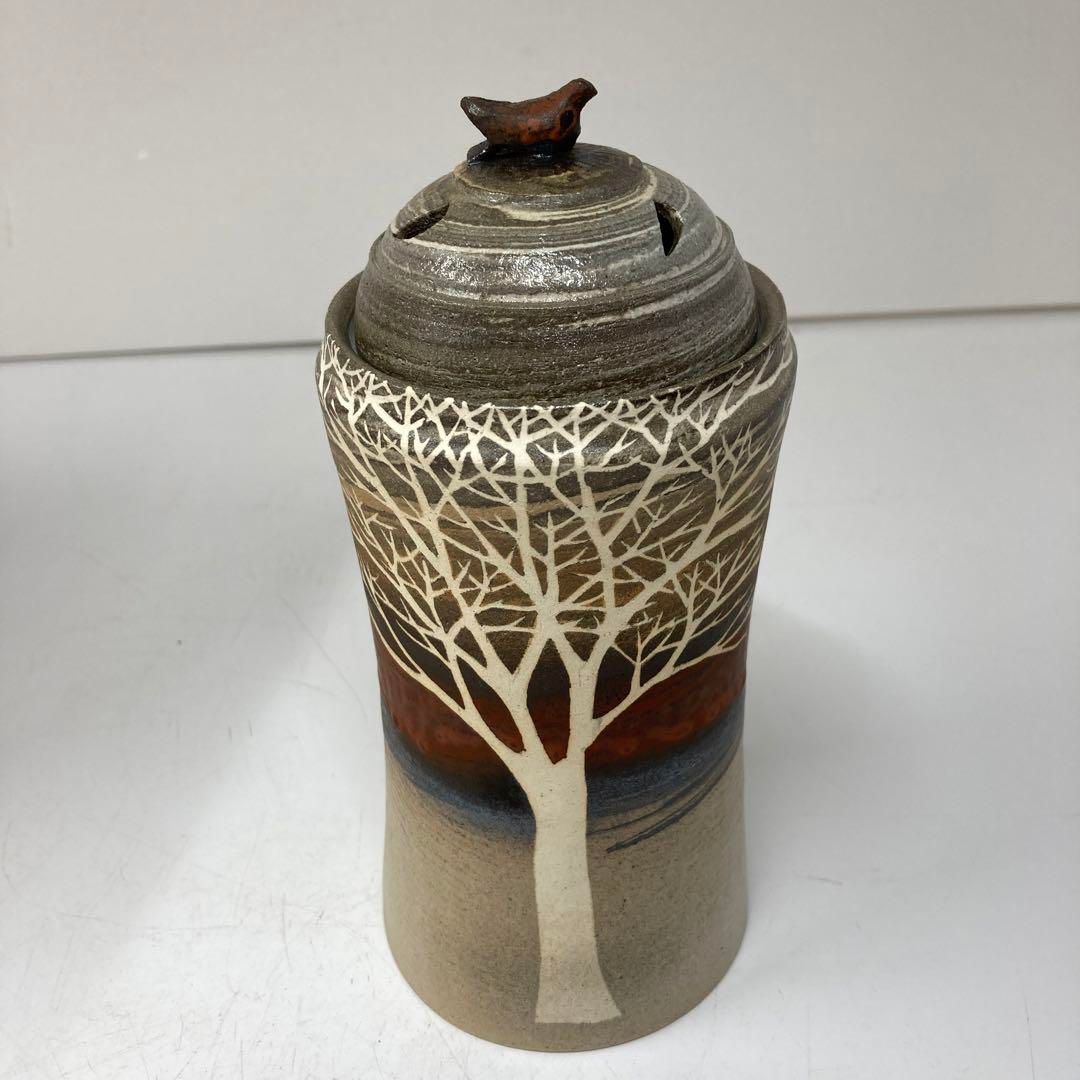 Saeki Moriyoshi Neriage Zogan Incense Burner with Tree Motif, Signed Box