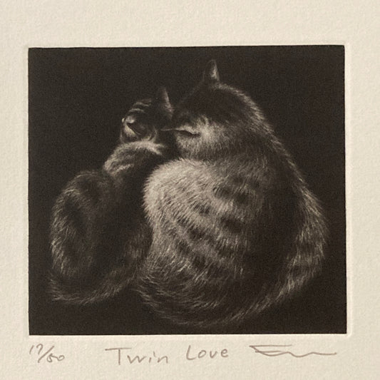 Twin Love Mezzotint Copperplate Print by Emi Sato, Two Cats, Ed. 50, Sheet