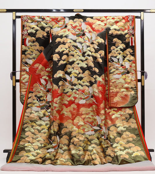 Iro-Uchikake Wedding Kimono Silk Red Black Pine Crane Junihitoe Style