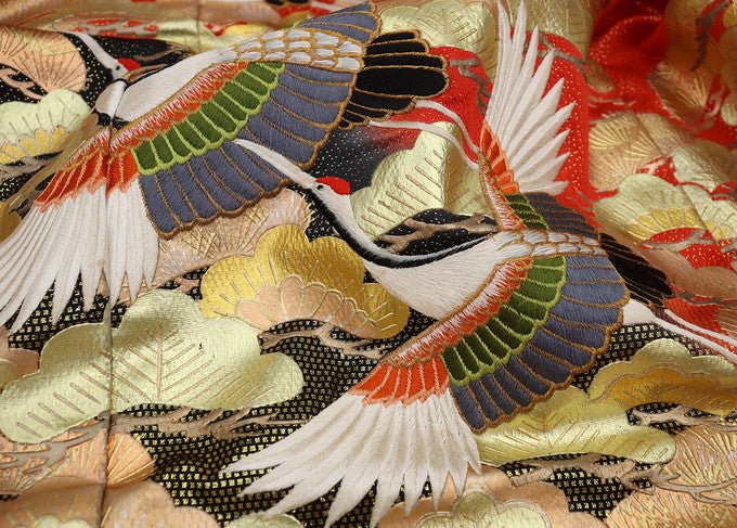 Iro-Uchikake Wedding Kimono Silk Red Black Pine Crane Junihitoe Style