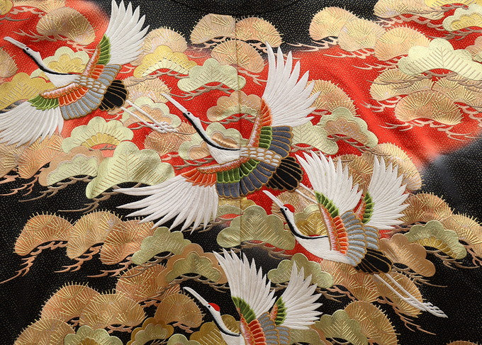 Iro-Uchikake Wedding Kimono Silk Red Black Pine Crane Junihitoe Style