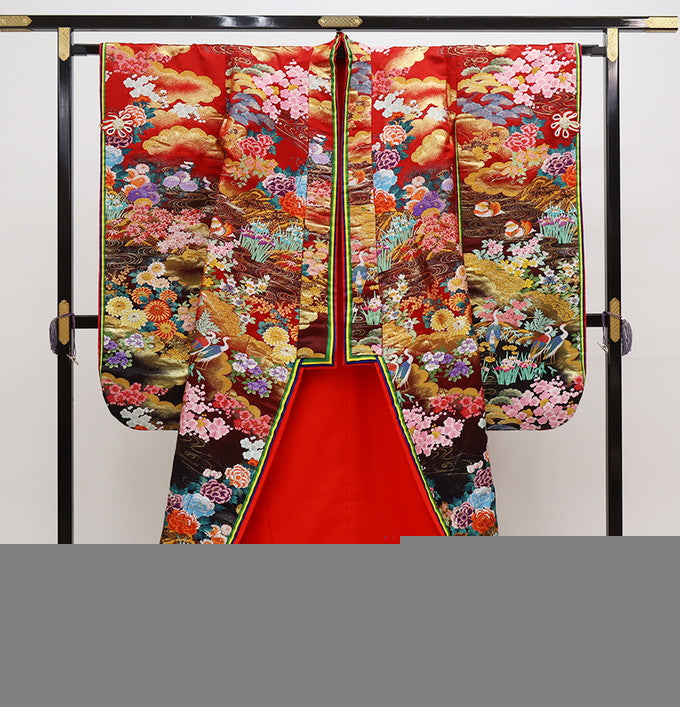 Iro-Uchikake Wedding Kimono Silk Red Black Four Seasons Floral Yae-gasane