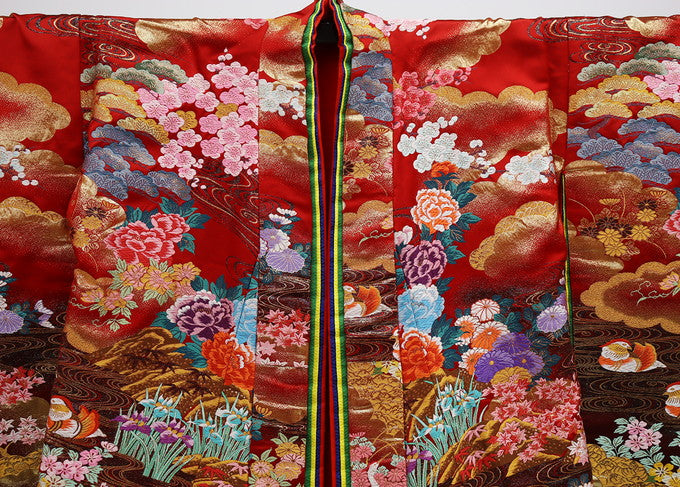 Iro-Uchikake Wedding Kimono Silk Red Black Four Seasons Floral Yae-gasane