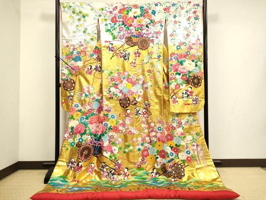 Iro-Uchikake Silk Wedding Kimono Bridal Furisode Douji Kacha Gold Silver Motif