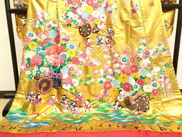 Iro-Uchikake Silk Wedding Kimono Bridal Furisode Douji Kacha Gold Silver Motif