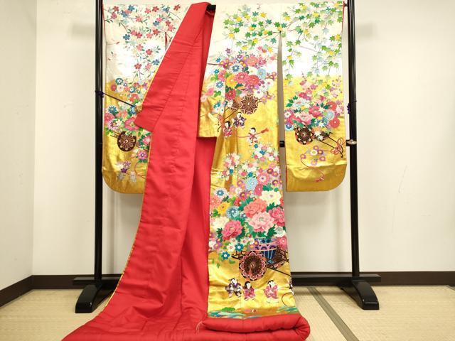 Iro-Uchikake Silk Wedding Kimono Bridal Furisode Douji Kacha Gold Silver Motif