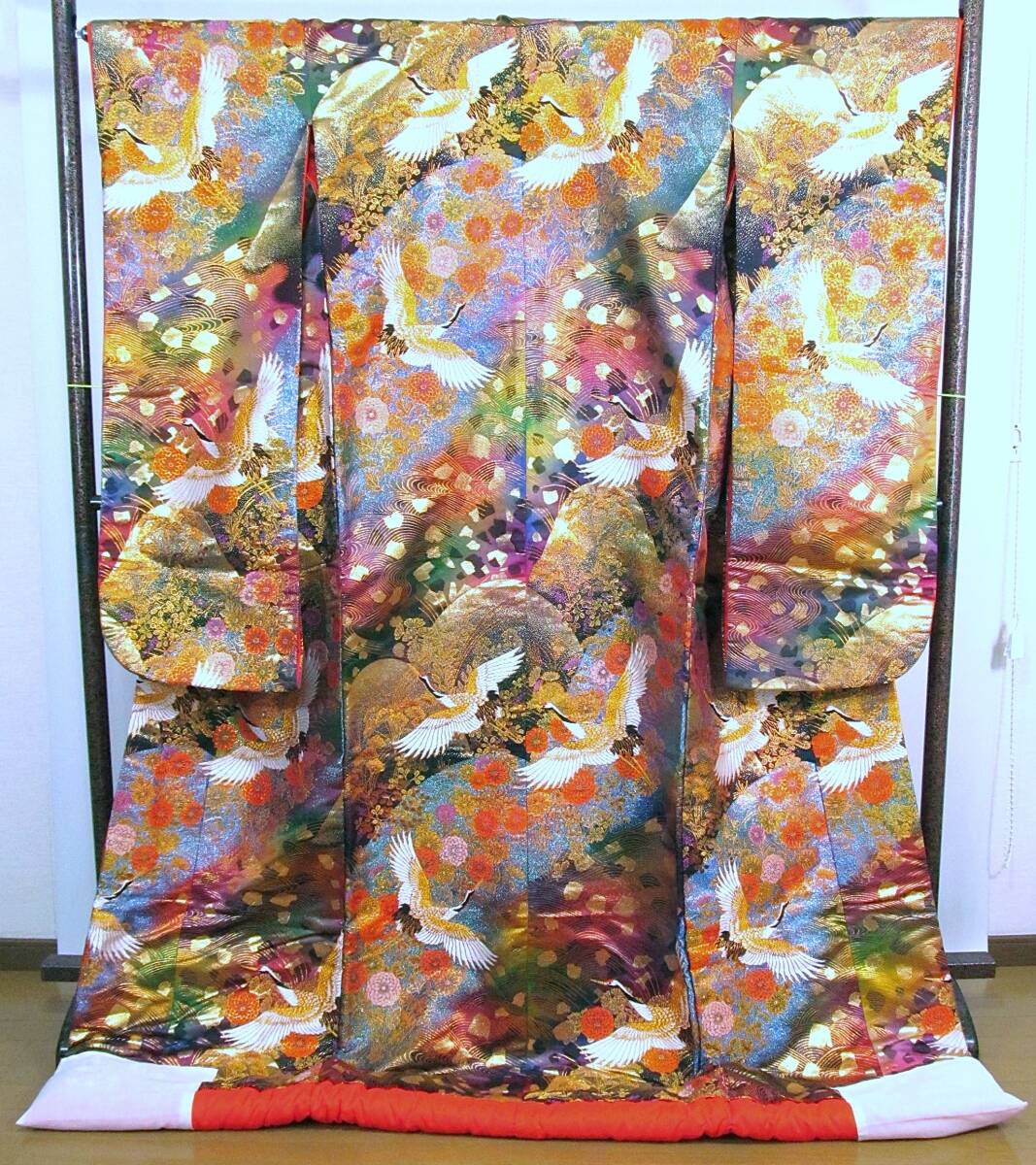 Iro-Uchikake Silk Wedding Kimono with Cranes and Distant Mountain Range and Floral Motif