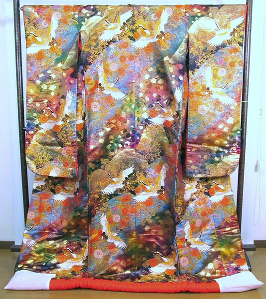 Iro-Uchikake Silk Wedding Kimono with Cranes and Distant Mountain Range and Floral Motif