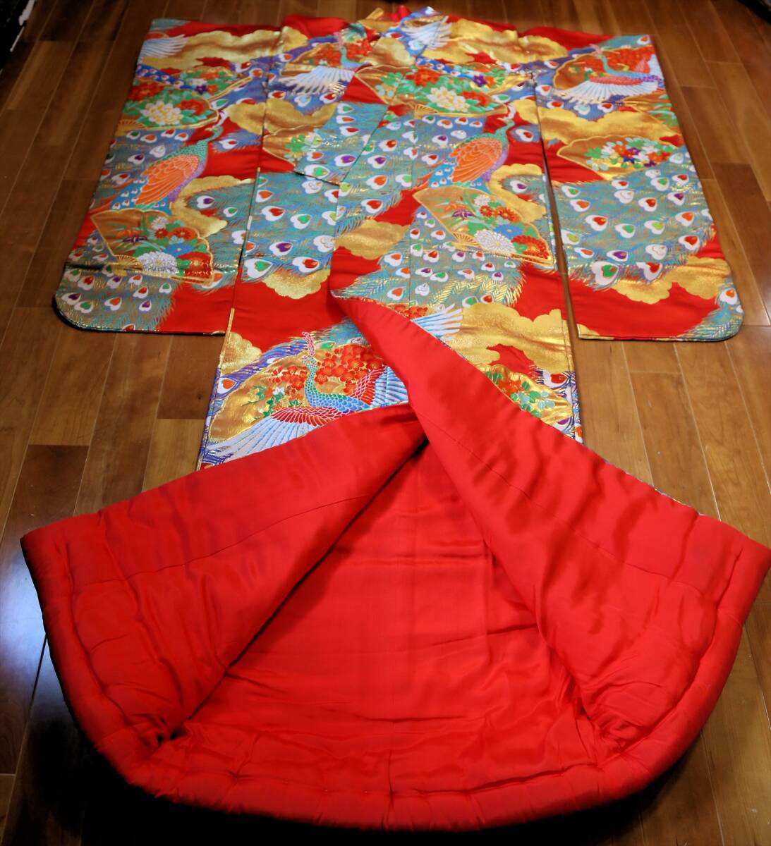 Iro-uchikake Japanese Bridal Kimono, Karaori Peacock Fan Floral, Vermilion Red