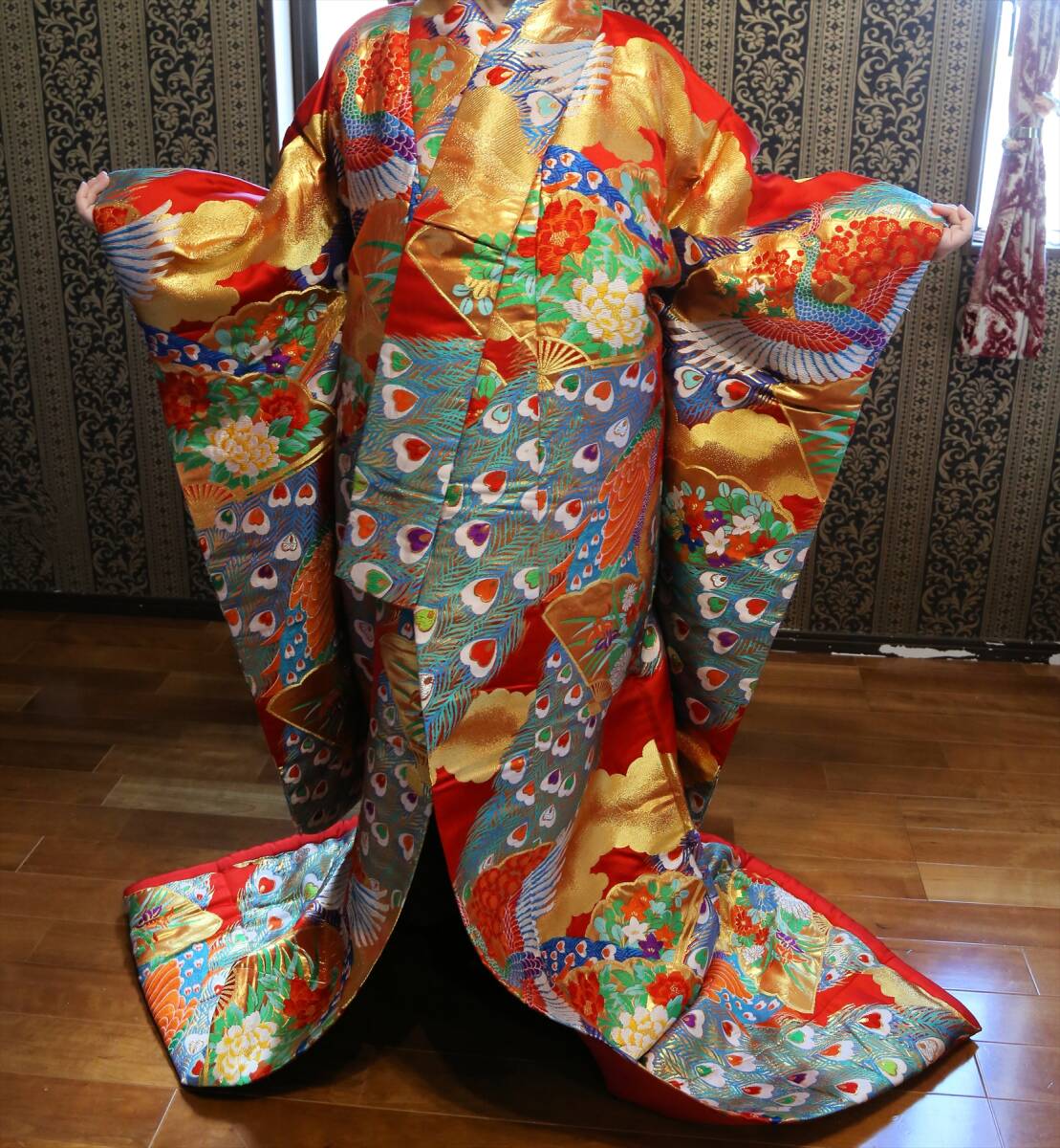 Iro-uchikake Japanese Bridal Kimono, Karaori Peacock Fan Floral, Vermilion Red
