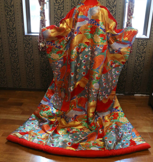 Iro-uchikake Japanese Bridal Kimono, Karaori Peacock Fan Floral, Vermilion Red