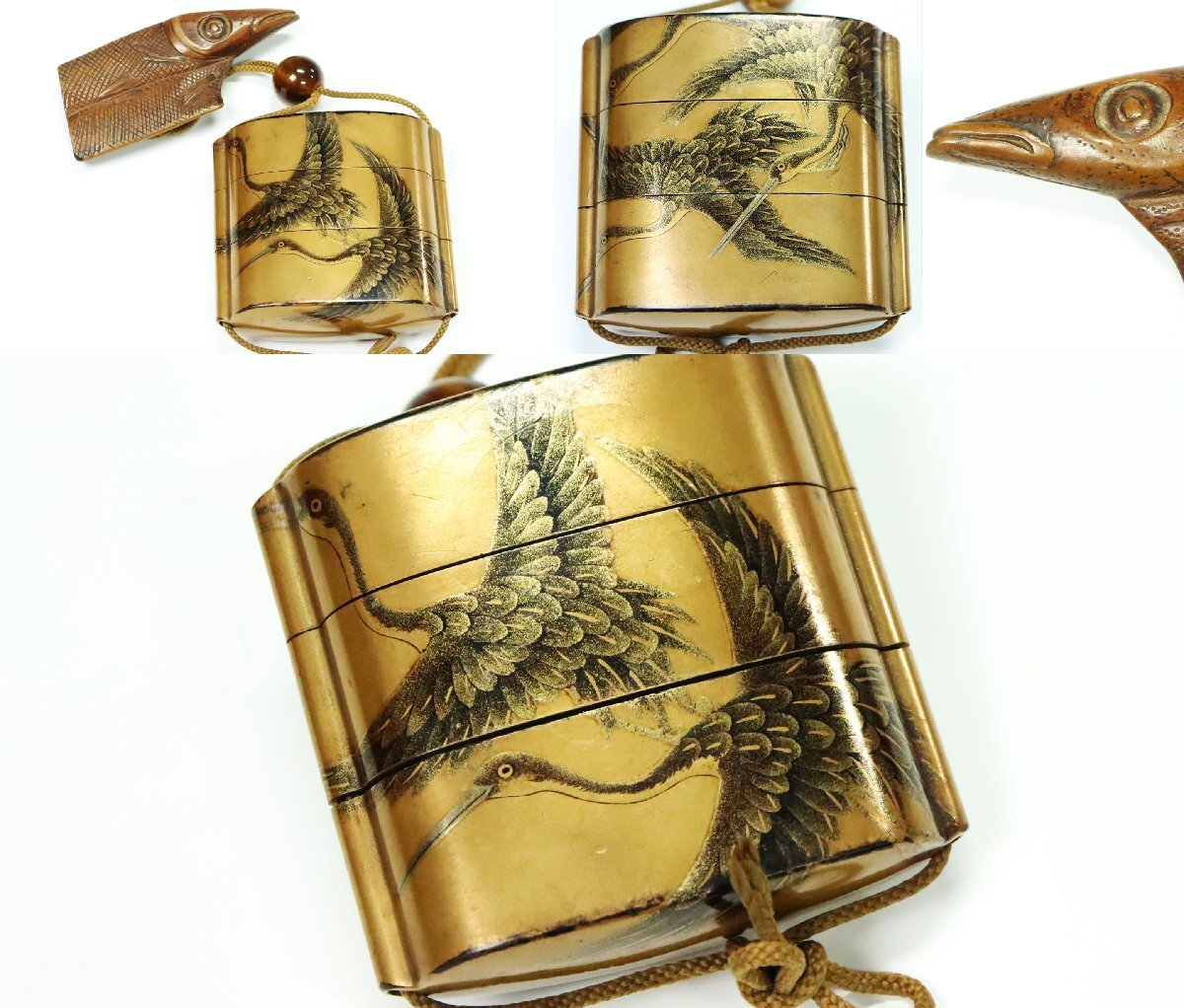 Edo Period Inro Three-Case Gold Maki-e Togidashi Crane Design with Wooden Fish Netsuke