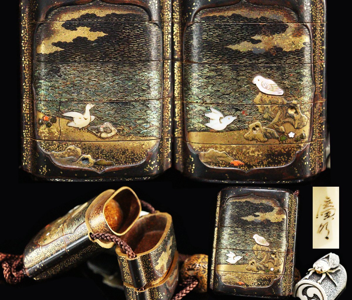 Edo Period Somada Inro with Gold Maki-e Landscape Bird Flower Raden Cicada Netsuke