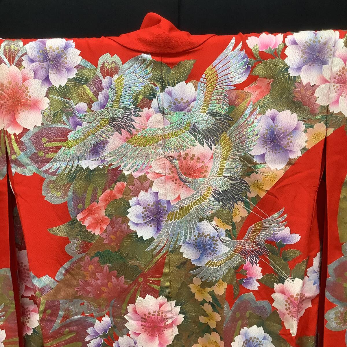 Uchikake Silk Yuzen Wedding Kimono Red Chirimen Gold-Leaf Noshime Cranes