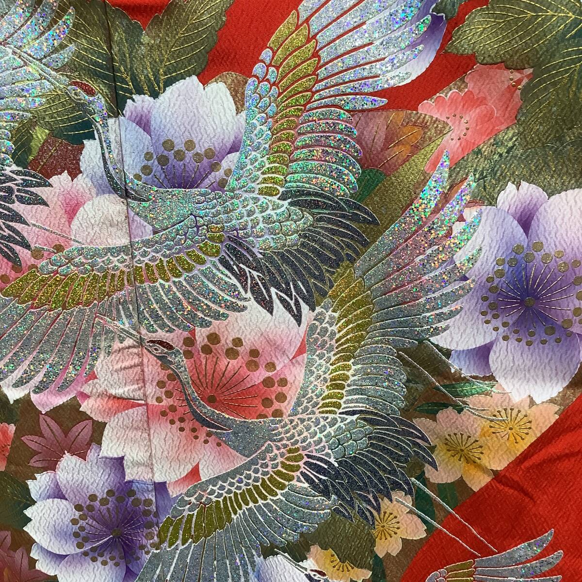 Uchikake Silk Yuzen Wedding Kimono Red Chirimen Gold-Leaf Noshime Cranes