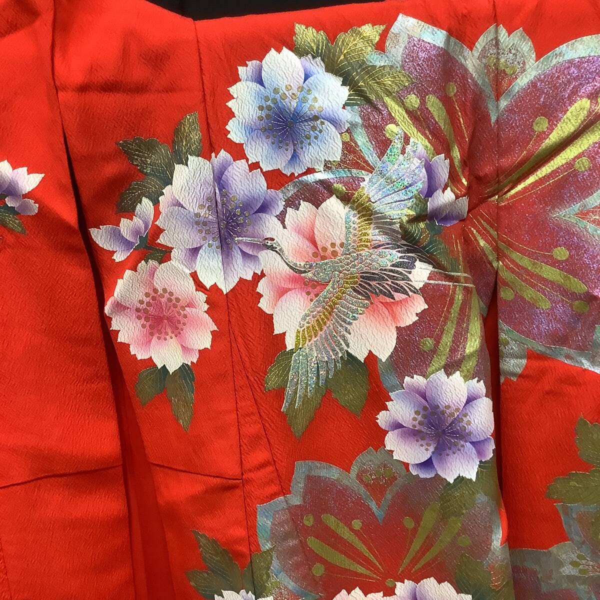 Uchikake Silk Yuzen Wedding Kimono Red Chirimen Gold-Leaf Noshime Cranes