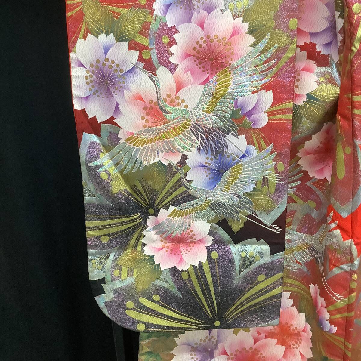 Uchikake Silk Yuzen Wedding Kimono Red Chirimen Gold-Leaf Noshime Cranes