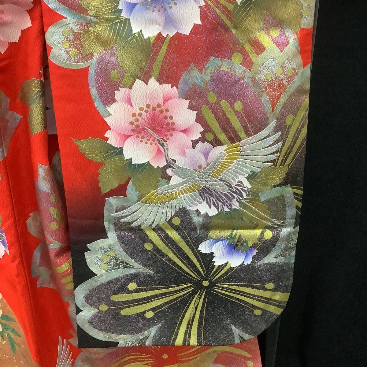 Uchikake Silk Yuzen Wedding Kimono Red Chirimen Gold-Leaf Noshime Cranes