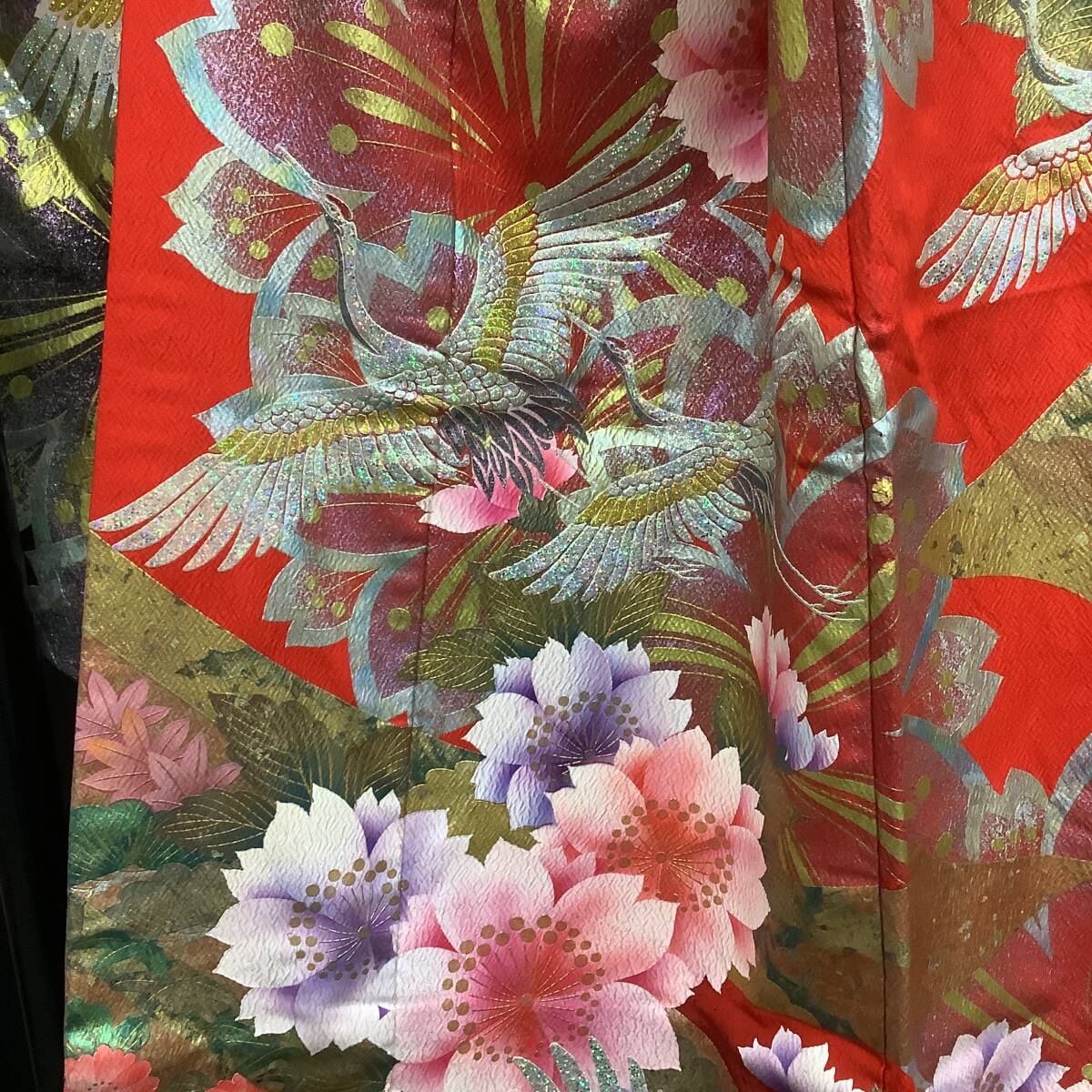 Uchikake Silk Yuzen Wedding Kimono Red Chirimen Gold-Leaf Noshime Cranes