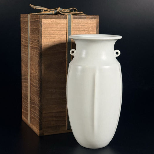 Kyo-yaki Snow-White Porcelain Twin-Ear Vase 23 cm by Miyashita Zenju with Signed Box